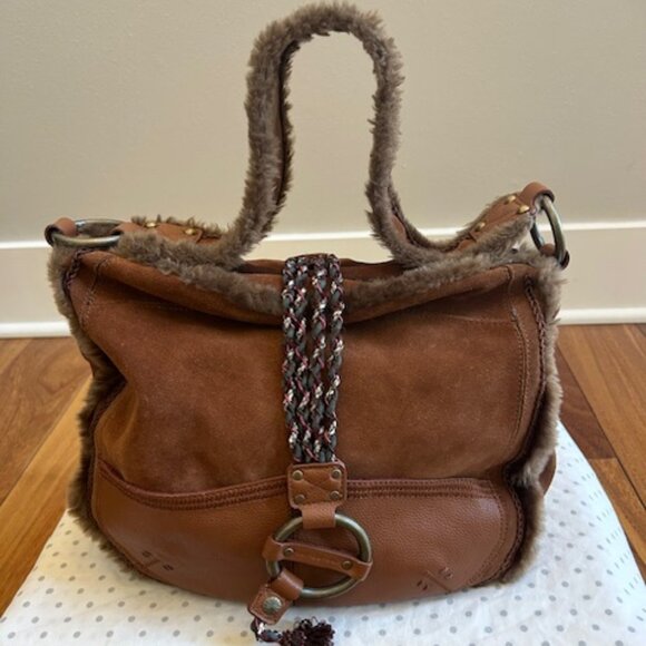 Cul de Sac Mahogony brown suede & leather hobo fur trim handbag. - Picture 1 of 6